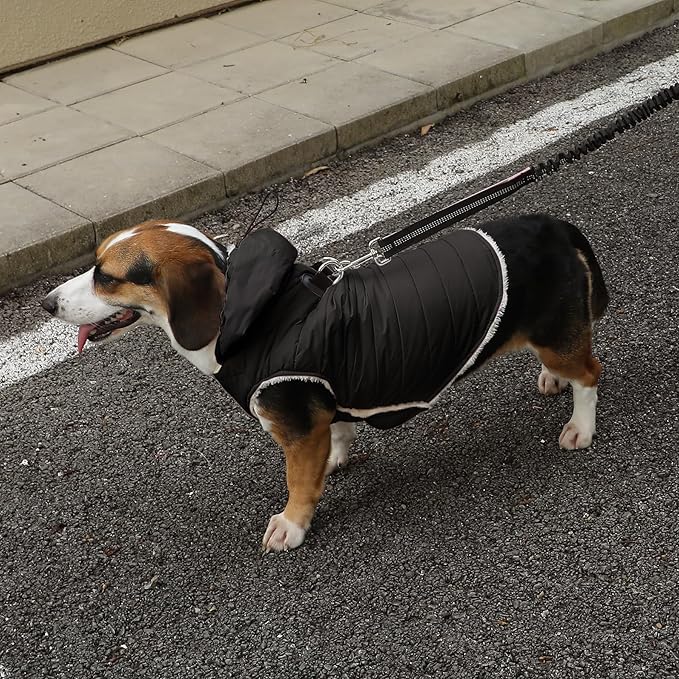 Fleece Lining Dog Hoodie with Harness Built in,Extra Warm Large Dog Jacket in Winter Doggie Coats with Drawstring Hooded,Black XXXL