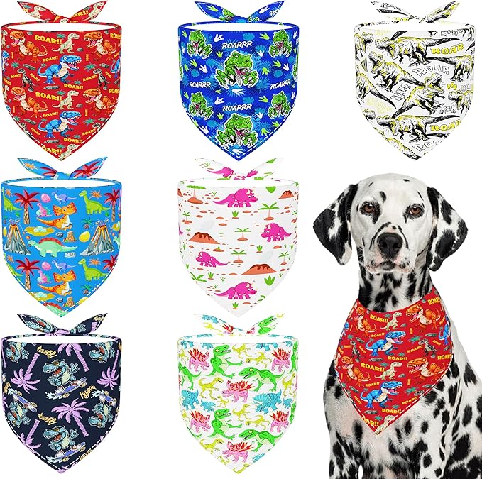 7 PCS Dinosaurs Dog Bandanas for Large Dogs Breed Sewing Hemming Dog Bandana Print One Side XL Drool Bibs Party Grooming L