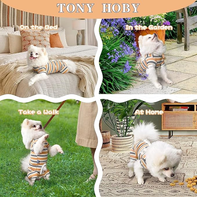 TONY HOBY Male Dog Pajamas, 4 Legged Dog Jumpsuit with Brown Stripe, Dogs Shirt for Small Medium Dogs (Brown, Boy, XS)