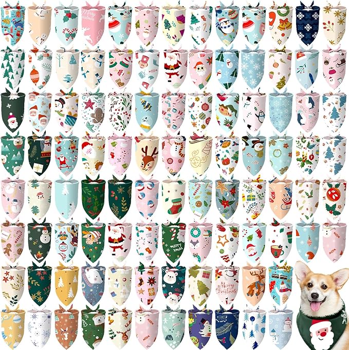 100 Pcs Christmas Dog Bandanas Bulk Pet Bibs Colorful Triangle Scarf Xmas Pet Bandanas for Medium Large Dogs Christmas Party Xmas Costume Decor