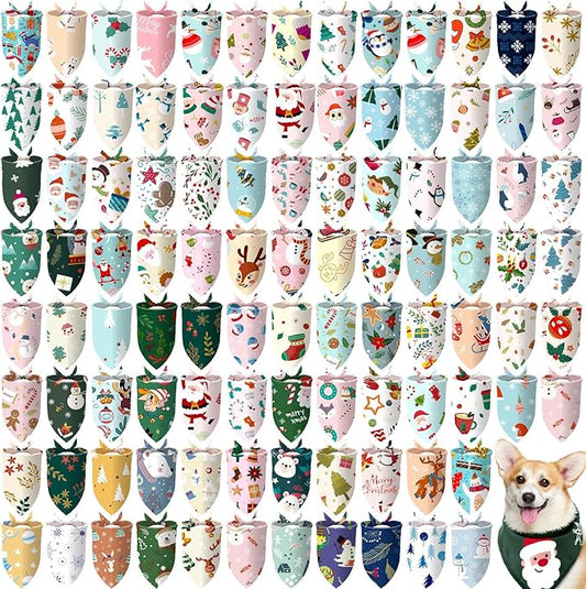 100 Pcs Christmas Dog Bandanas Bulk Pet Bibs Colorful Triangle Scarf Xmas Pet Bandanas for Medium Large Dogs Christmas Party Xmas Costume Decor