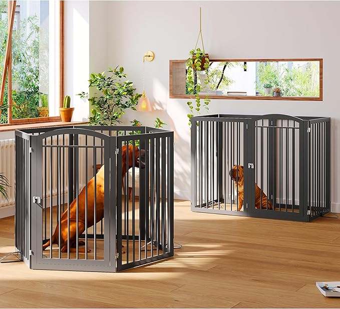 JSB 144-inch Extra Wide 30-inch Tall Dog gate with Door Walk Through, Freestanding Round Tube Pet Gate for Halls Stairs, Puppy Safety Dog Fence with 2PCS Support Feet (Black)