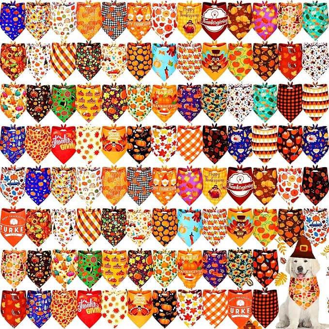 Newwiee 100 Pcs Thanksgiving Dog Bandanas Bulk for Large Dogs Fall Pumpkin Maple Leaf Triangle Bandanas Bibs Adjustable Pet Scarf Holiday Soft Breathable Thanksgiving Day Scarf Accessories for Puppy
