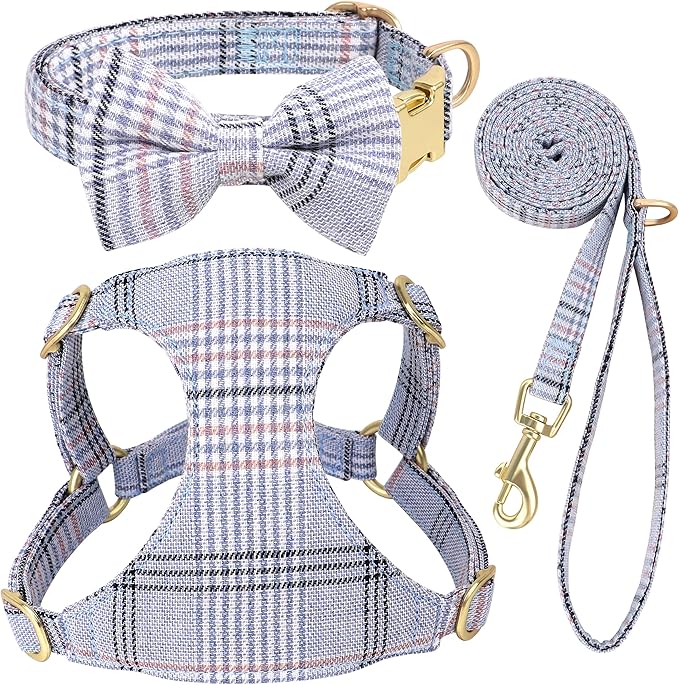 Beirui Cute Small Dog Harness Collar and Leash Set with Bowtie, Soft Adjustable Plaid Puppy Harness for Small Sized Dogs Cats Walks Parties and Photoshoots(Blue,S:Chest 17-23")