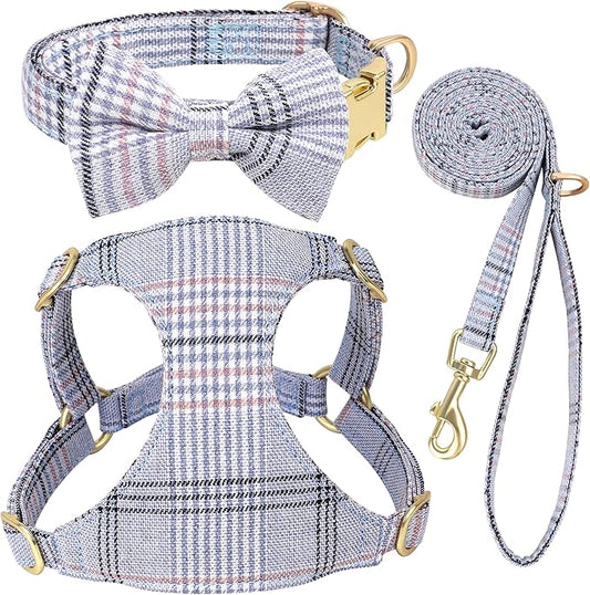 Beirui Cute Small Dog Harness Collar and Leash Set with Bowtie, Soft Adjustable Plaid Puppy Harness for Small Sized Dogs Cats Walks Parties and Photoshoots(Blue,S:Chest 17-23")