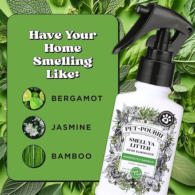Pet-Pourri Smell Ya Litter Cat Litter Deodorizer Spray, Purrfectly Bamboo 3.4 Fl Oz, Up to 170 Uses, Pet Odor Remover with Essential Oils for Air, Carpet, Urine, Vet Recommended, Bergamot Bamboo Scent