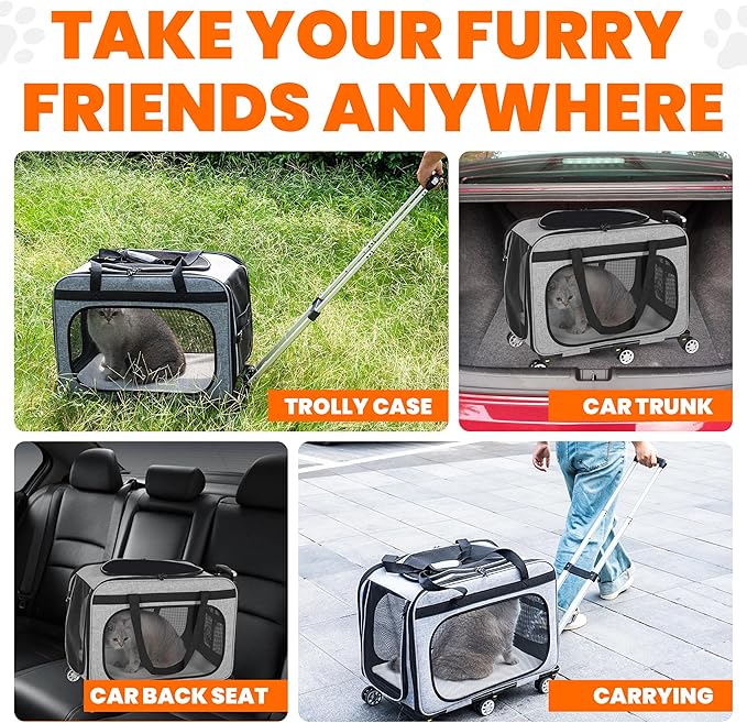 XL Cat & Small Dog Carrier | 25" L x 16" W x 17" H - up to 40 lbs - NOT TSA Compliant - Small Dogs or Large Cat Carrier with Wheels - Extending Handle, 360° Rotation Wheels & Extra Ventilation
