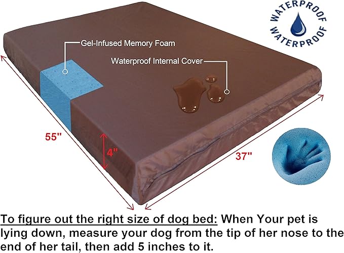 Dogbed4less Extra Large Orthopedic Gel Infused Cooling Memory Foam Dog Bed, Waterproof Liner with Durable Black Canvas Cover, XXL 55X37X4 Inch
