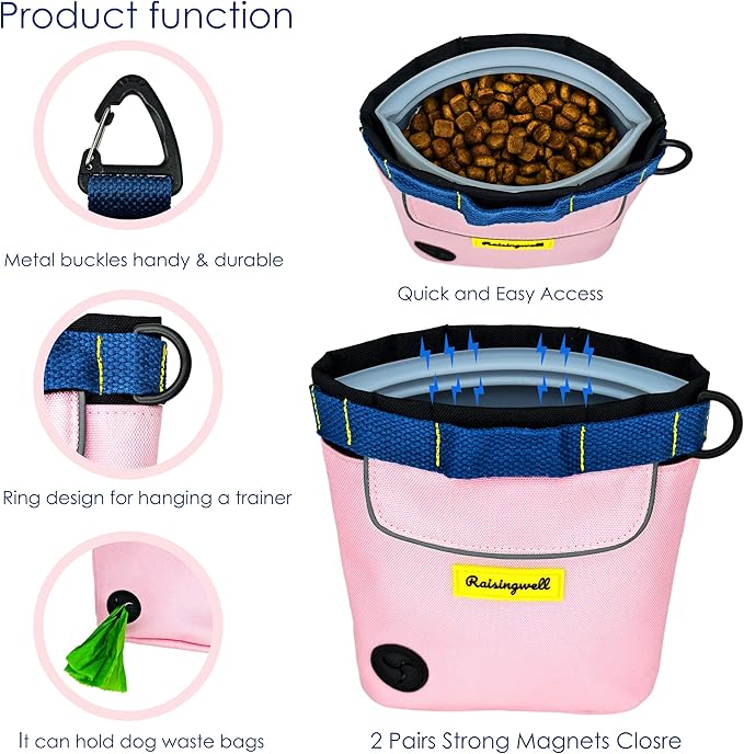 Dog Treat Pouch for Pet Walking and Training with Clicker 2 Cup Silicone Bag Small Fanny Pack Holder for Puppy Snack Dispenser Kit for Leash and Outdoor Use (Pink)