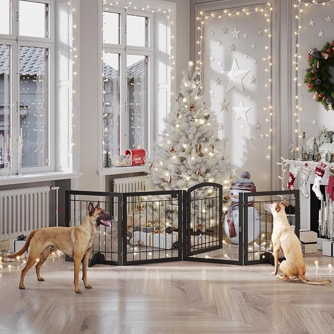 Vantas Folding Pet Gate 96" Wide, 30" Tall No-Assembly Metal Dog Gate, Freestanding Wire Pet Gate, Pet Puppy Safety Fence, Extra Wide with 2PCS Support - Black