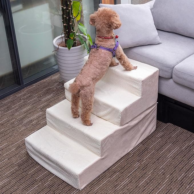 Dog Stairs for Medium Dogs, 20" W, 20" H, 4 Tiers Pet Steps with High-Density Foam and Removable Cover to Get on High Beds Couch,20×30×20inches, Beige