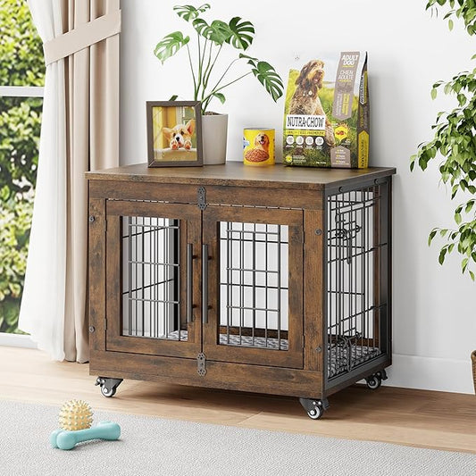 Dog Crate Furniture with Cushion, Wooden Dog Kennel Indoor with Double Doors, Dog Cage with Wheels, Dog House Side End Table for Small Dogs up to 30 lb, 27.2" L, Rustic Brown