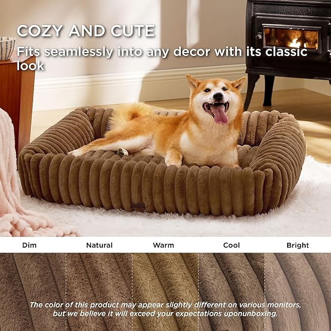 Bedsure Cute Dog Bed for Large Dogs - Washable Furry Puppy Beds, Rectangle Orthopedic Corduroy Fleece Pet Beds with Removable Zipper Cover, 36x27x8inches, Camel Brown