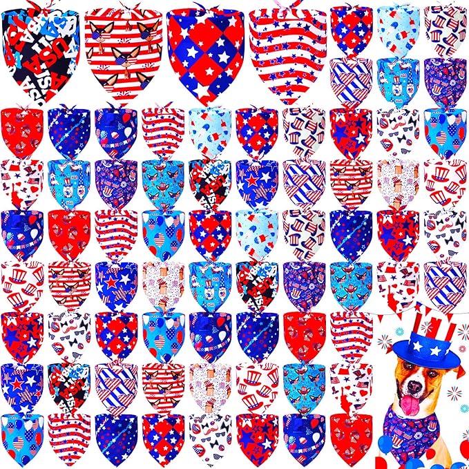 100 Pcs 4th of July Dog Bandanas Bulk Independence Day Dog Bandanas Adjustable Pet Bibs Independence Triangle Scarf 4th of July Holiday Costume for Small Medium Pet Puppy Cat