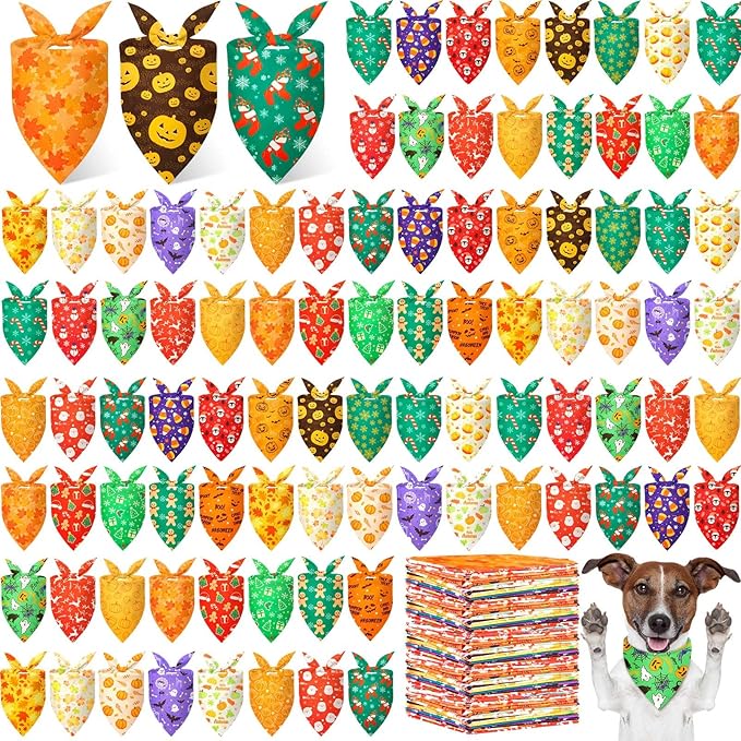 Preboun 200 Pcs Thanksgiving Christmas Dog Bandanas Bulk Holiday Bandanas for Dog Triangle Kerchief Bib Scarf Set for Pet Cat Party Costume Photo Props Accessories Pet Shops Owners Groomers, 25 Styles