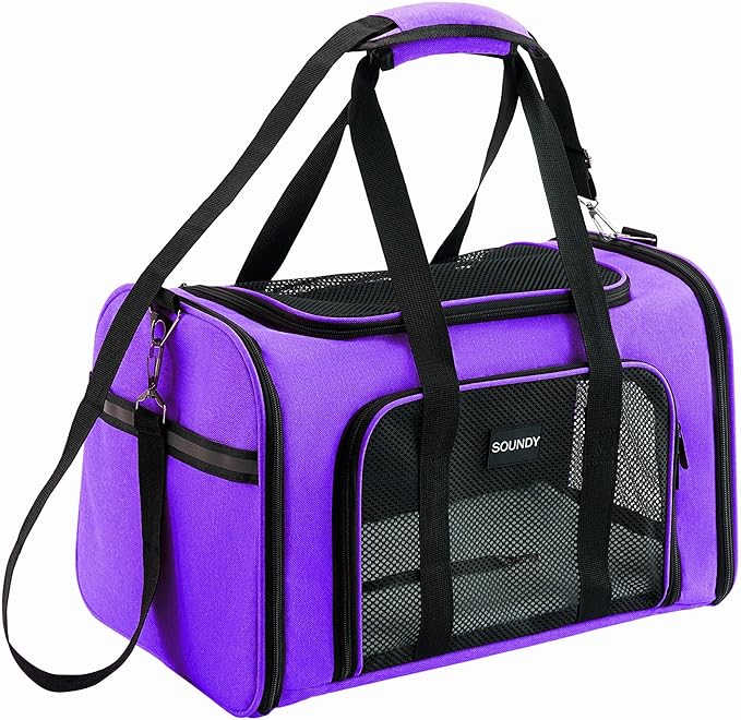 Soundy Large Cat Carrier Dog Carrier Under 25 Lbs,Collapsible Ventilated Portable Pet Bag with Soft Sided Breathable Mesh for Long Car Trips Maxi Load 2 Kittens or Small, Medium Dog (Large Purple)