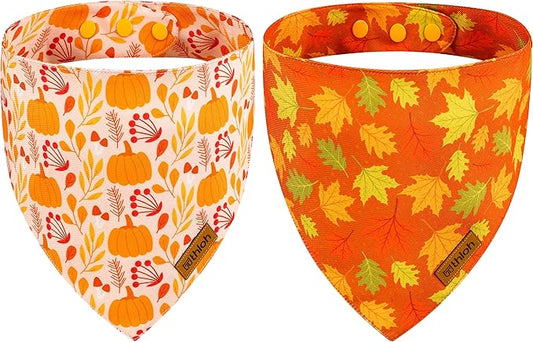 Fall Dog Bandanas - 2 Pack Thanksgiving Dog Bandana with Snap Button, Reversible Pumpkin Pet Scarf for Boy & Girl, Premium Durable Fabric, Holiday Bandana for Large & Extra Large Dogs (X-Large)