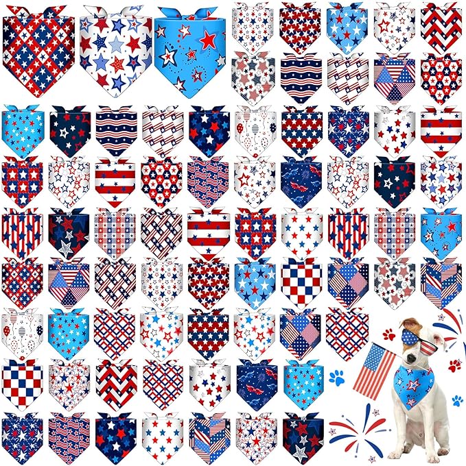 Sanwuta 72 Pcs Patriotic Dog Bandana Bulk Washable Puppy Triangle Scarfs Veterans Day Cat Bandanas Adjustable Soft Cute Pet Triangle Bibs Accessories for Small Medium Dogs Cats Pets Costume