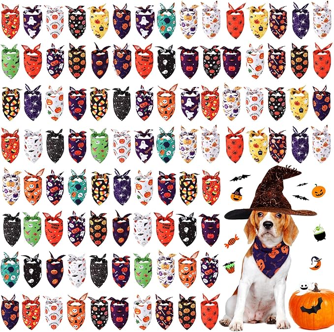 Sanwuta 100 Pcs Halloween Dog Bandanas Bulk Pumpkin Bat Spider Skull Pattern Dog Bandanas for Dogs Triangle Bibs Scarf for Small Medium Large Pet Christmas Costume Accessories(Large)
