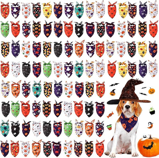 Sanwuta 100 Pcs Halloween Dog Bandanas Bulk Pumpkin Bat Spider Skull Pattern Dog Bandanas for Dogs Triangle Bibs Scarf for Small Medium Large Pet Christmas Costume Accessories(Large)