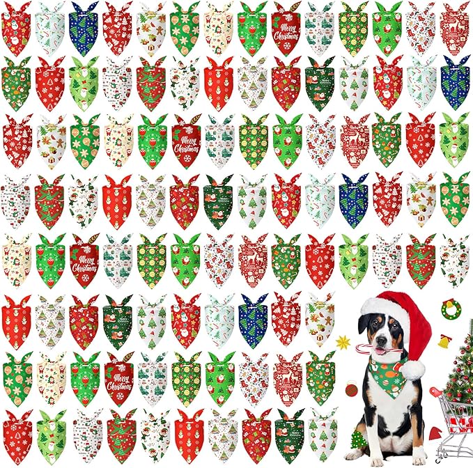 Abbylike 100 Pcs Christmas Dog Bandanas Bulk Xmas Bandanas for Dogs Triangle Kerchief Bibs Scarf Set for Pet Xmas Costume Photo Props Accessories Pet Shops Grooming, 25 Styles (31.5 x 21.7 x 21.7)
