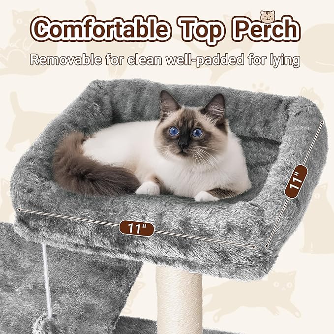 Cat Tree, 54-Inch Cat Tower for Indoor Cats,Plush Multi-Level Cat Condo with Scratching Posts, Basket, Perches,2 Caves,2 Pompoms(Gray)