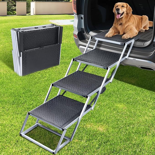 Dog Stairs for Large Dogs, Extra Wide Dog Ramp for Car with Non-Slip Surface, Folding and Portable Dog Car Ramp for SUV & Car, Outdoor, Supports up to 250 lbs, 4 Steps