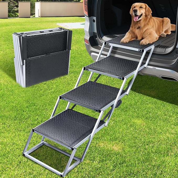 Extra Wide Dog Stairs for Large Dogs, Portable Dog Ramp for Car with Non-Slip Surface, Folding Dog Car Ramp for SUV & Car, Outdoor, Supports up to 250 lbs, 4 Steps
