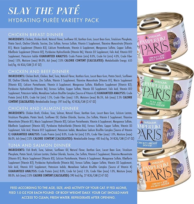 Weruva Paris Hilton Pamper Like Paris Natural Grain Free Wet Cat Food, Slay The Paté Variety Pack, 2.47oz Can (Pack of 12)