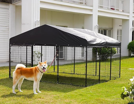 118" x 118" Outdoor Dog Kennel Steel Ideal Dog Fence for Medium/Small Dogs Anti-Rust Coating Cage with Roof All Weather Resistant Dog House with Double Locks