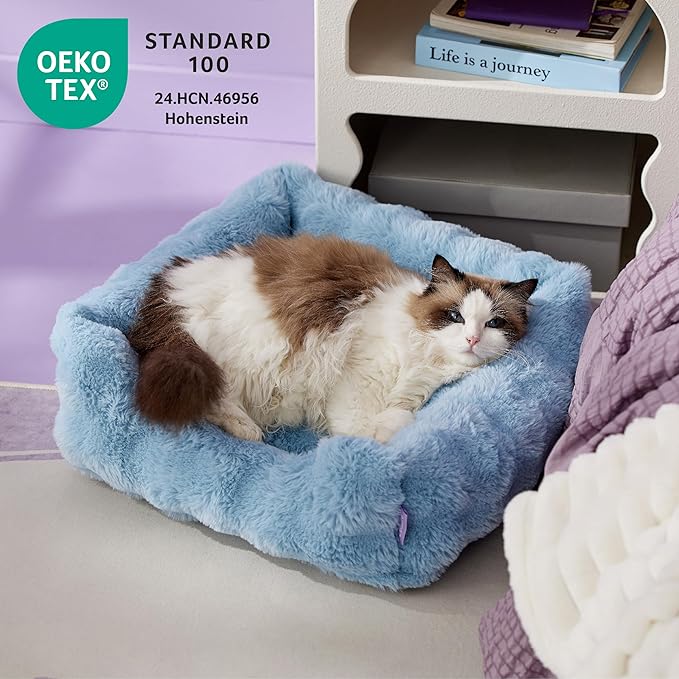 Lesure Fluffy Dog Beds for Puppy&Kitten- Orthopedic Rectangle Calming Pet Sofa,Fluffy Plush Bubble Bolster Cat Bed with Removable Washable Cover and Nonskid Bottom,20x19x6inches,Blue