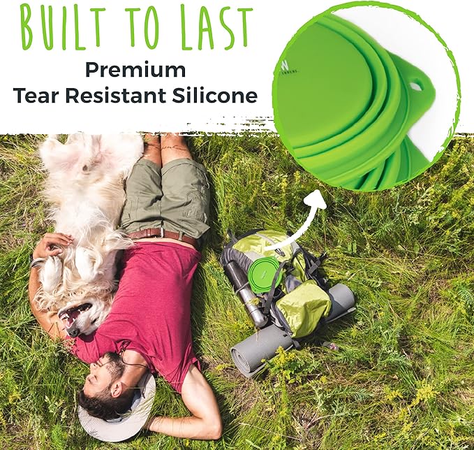 Mighty Paw Travel Dog Bowl Set - Silicone Food - Bonus Carabiner Clip - Ideal for Hiking - Camping - Lightweight - Leak-Proof - Collapsible Dog Bowl with Lid - Green - 2 Pack (27 Oz)