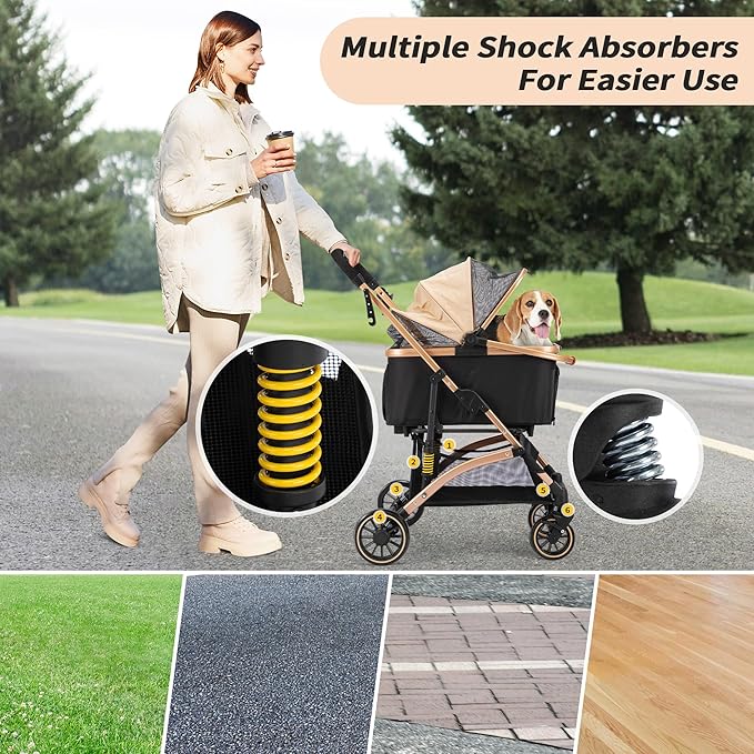 Coziwow Dog Stroller for Pets, One Hand Fold Puppy Stroller with 6 Shock Absorbers, Removable Cabin & Storage Basket, 4 Wheels Dual Brakes, Rose Gold + Black