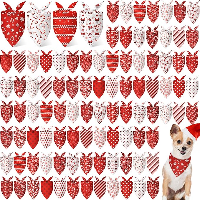 Chunful 100 Pieces Christmas Dog Bandanas Bulk Red and White Xmas Bandanas for Dogs Triangle Scarf Bib Kerchief Set for Small Medium Large Doggie Christmas Costume Decor(31.5 x 21.7 x 21.7)