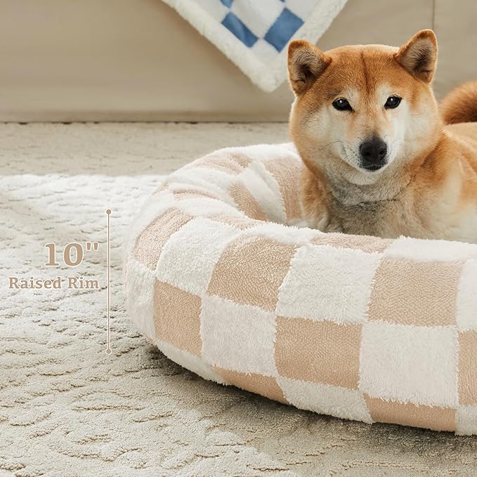 Checkered Dog Bed, Cute Beige Khaki Retro Style Aesthetic Round Warming Pet Calming Beds for Small Dog and Cats, Plush Cozy Donut Dog Beds Washable, 30" L x 30" W x 8" Th