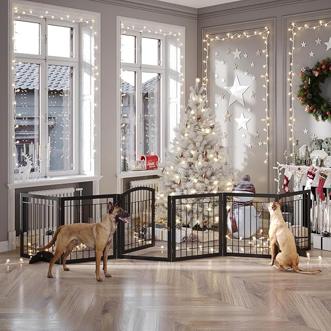 Vantas Folding Pet Gate 144" Wide, 30" Tall No-Assembly Metal Dog Gate, Freestanding Wire Pet Gate, Pet Puppy Safety Fence, Extra Wide with 2PCS Support - Black