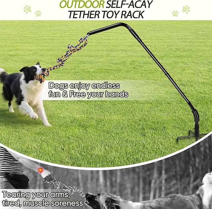 Tether Outdoor Dog Rope Toy with Strengthen Spring Pole, 3 Kinds Dog Tug of War Toys for Self Play and Interactive in Park, Yard, Lawn Rope, Suitable for Large Medium Small Dogs (Black)