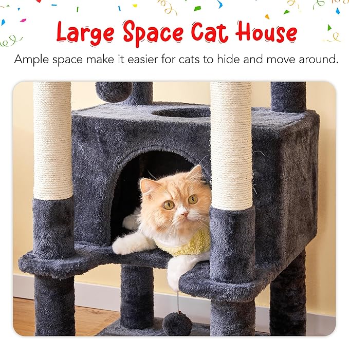 66-Inch Tall Cat Tree for Indoor Cats, Multi-Level Large Cat Tower with 3 Hammocks, 2 Padded Perches, cat Tree Tower with Scratching Post and Hanging Toys for Large Adult,Smoky Grey