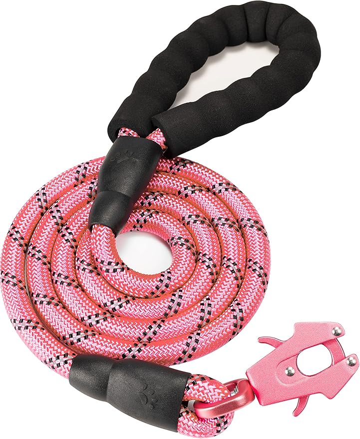 GEIT 2/4/5/6FT Dog Leash, Heavy Duty Rope Leashes, Reflective Nylon Pet Lead with Aluminum Quick Release/Locking Tactical Frog Clip for Small Medium and Large Dogs, Pink, 1/2 inch
