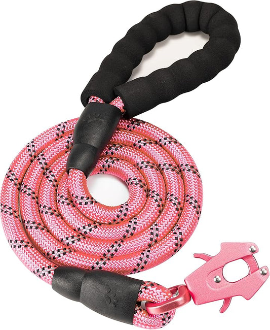 GEIT 2/4/5/6FT Dog Leash, Heavy Duty Rope Leashes, Reflective Nylon Pet Lead with Aluminum Quick Release/Locking Tactical Frog Clip for Small Medium and Large Dogs, Pink, 1/2 inch