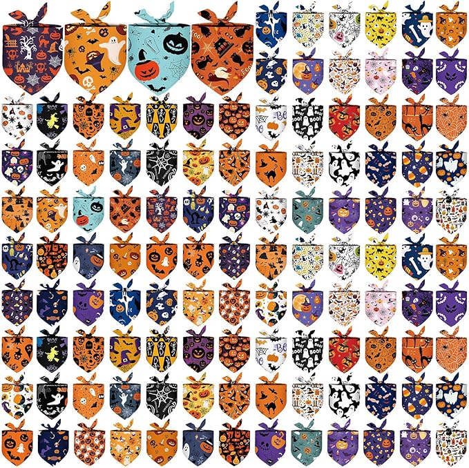 Amylove 120 Pcs Halloween Dog Bandanas Bulk Thanksgiving Day Holiday Triangle Dog Pack Puppy Kerchief Bandana Adjustable Pet Scarf for Pet Cat Costume Accessories Decor(Pumpkin)