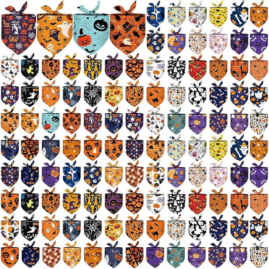 Amylove 120 Pcs Halloween Dog Bandanas Bulk Thanksgiving Day Holiday Triangle Dog Pack Puppy Kerchief Bandana Adjustable Pet Scarf for Pet Cat Costume Accessories Decor(Pumpkin)