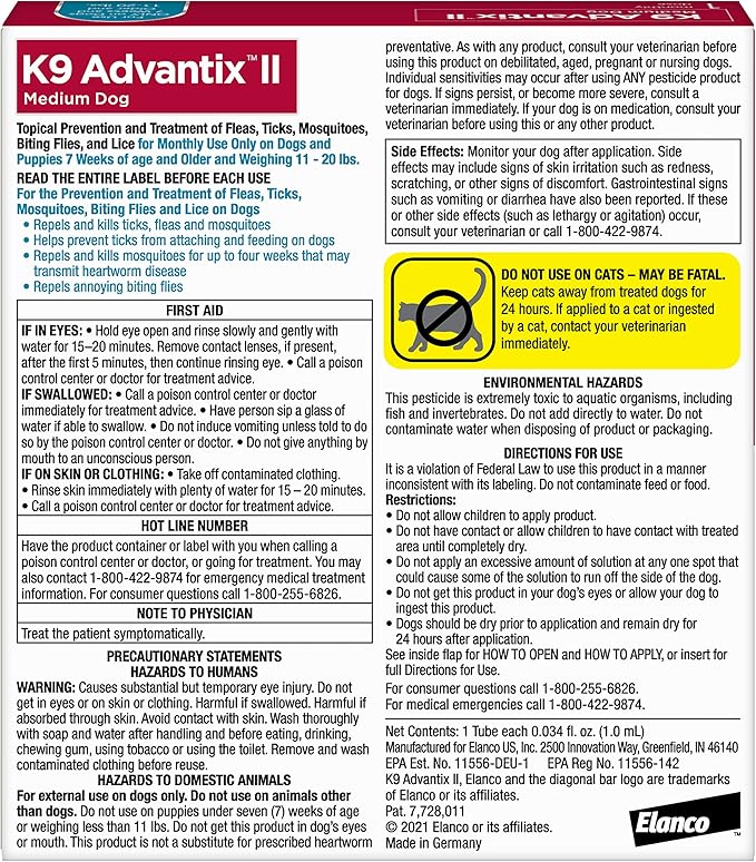 K9 Advantix II Medium Dog Vet-Recommended Flea, Tick & Mosquito Treatment & Prevention | Dogs 11-20 lbs. | 1-Mo Supply