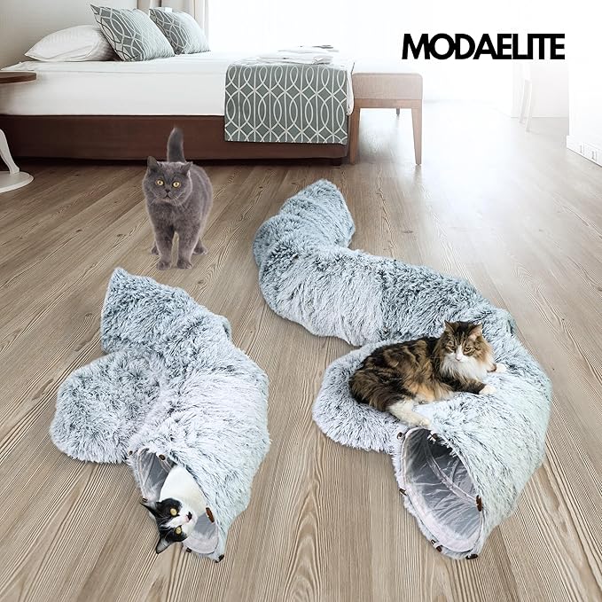 Donut Tunnel Bed for Indoor Cats, Plush Hideaway with Pom Toy, Cozy Cats Toy, Gray