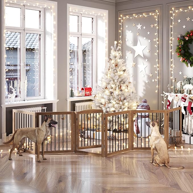 Vantas Folding Pet Gate 144" Wide, 30" Tall No-Assembly Wooden Dog Gate with Door Walk Through, Freestanding Pet Gate, Puppy Safety Fence, with 2PCS Support - Brown