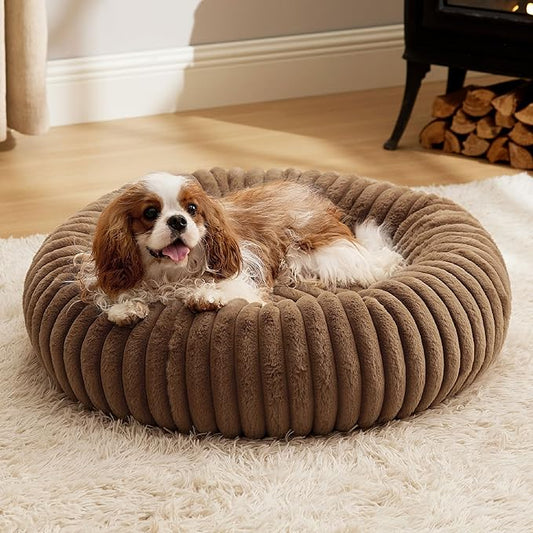 Bedsure Donut Medium Dog Bed - Washable Faux Fur with Corduroy Fleece & Anti Slip Bottom, Round Pet Bed with Removable Cover, Camel Brown, 30x30x8 inches