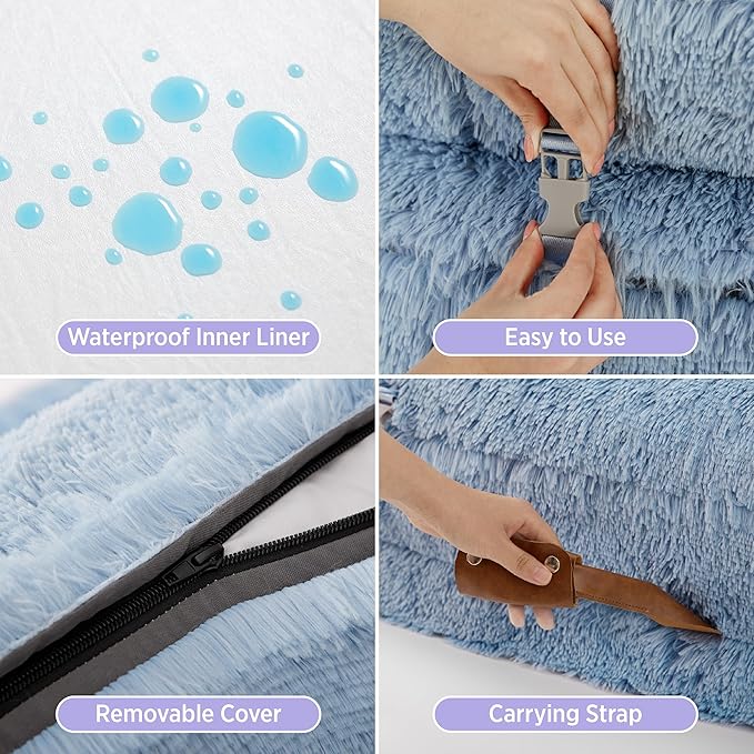 LE SURE Foldable Human Dog Bed - 3 in 1 Flexible Giant Human Dog Bed for Adult People with Supportive Bolster Egg Foam, Waterproof Liner, Calming Fluffy Faux Fur Orthopedic Big Bean Bed, Blue