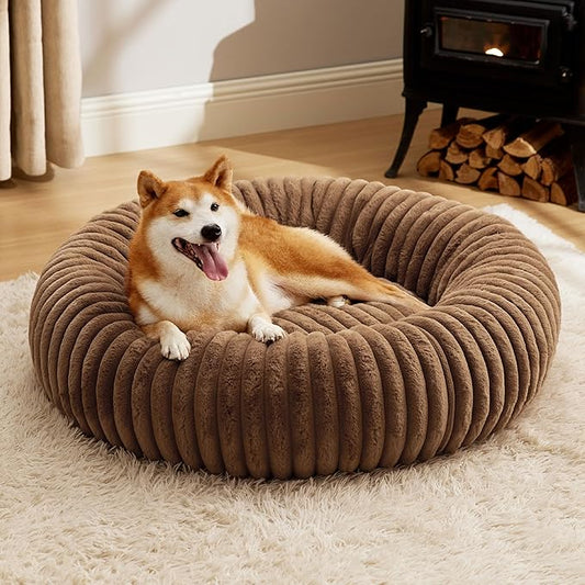 Bedsure Donut Large Dog Bed - Washable Faux Fur with Corduroy Fleece & Anti Slip Bottom, Round Pet Bed with Removable Cover, Camel Brown, 36x36x8 inches