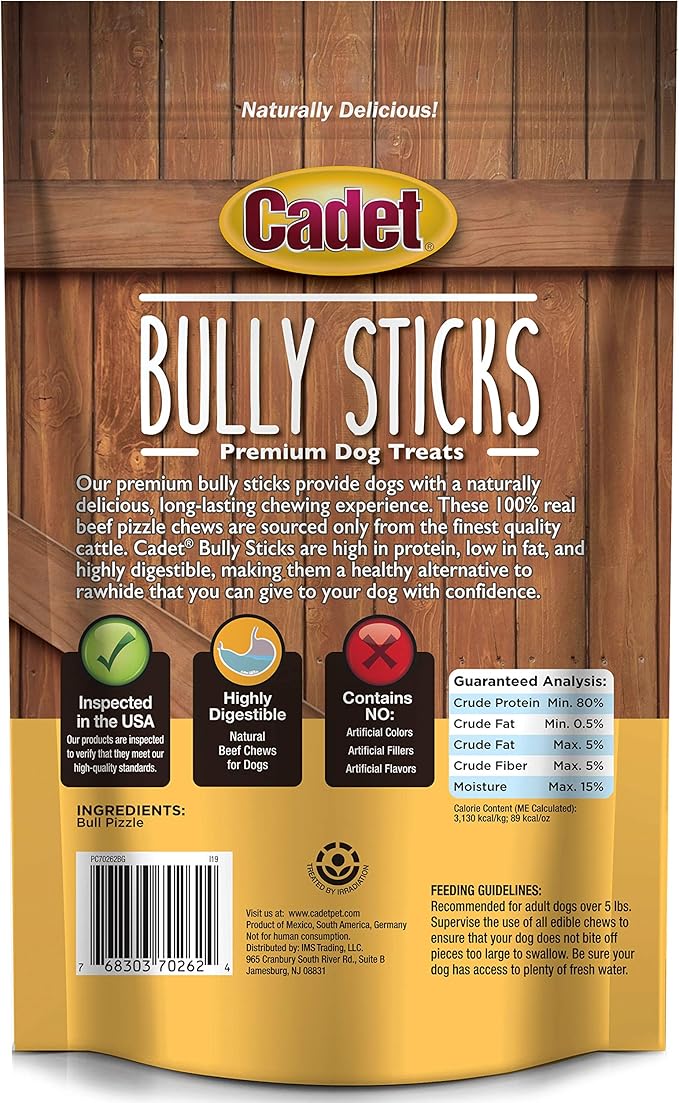 Cadet Bully Sticks for Small Dogs – All-Natural Beef Pizzle, High Protein, Low Fat, Long-Lasting, Grain & Rawhide-Free Dog Chews for Aggressive Chewers, Small (6 Ounce)