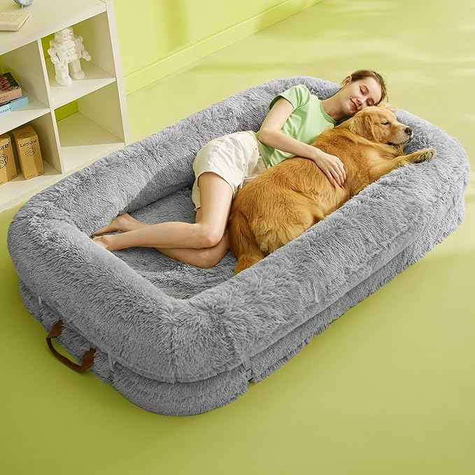 LE SURE Foldable Human Dog Bed - 3 in 1 Flexible Giant Human Dog Bed for Adult People with Supportive Bolster Egg Foam, Waterproof Liner, Calming Fluffy Faux Fur Orthopedic Big Bean Bed, Light Grey